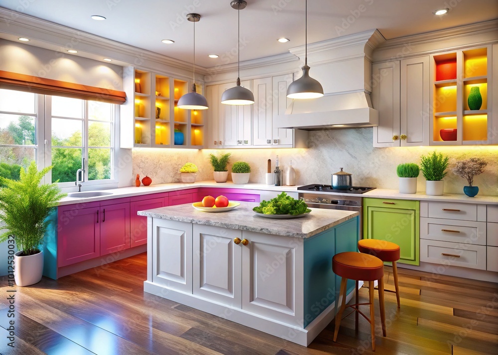 Fototapeta premium Bright Kitchen with White Cabinets and Marble Countertops - Colorful Interior Design Inspiration