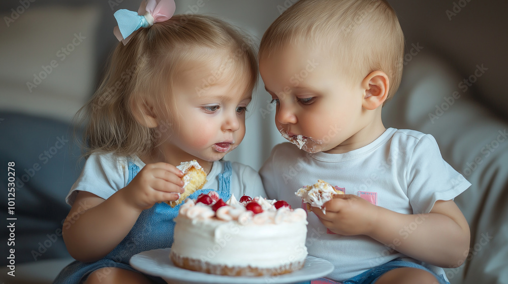 Two toddlers sitting together, sharing a slice of birthday cake Two toddlers sitting together, sharing a slice of birthday cake