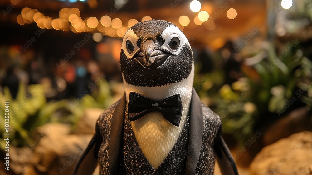 Naklejka premium A dapper penguin waddling down the runway in a classic tuxedo, complete with a bow tie, capturing the audience's attention with its formal elegance