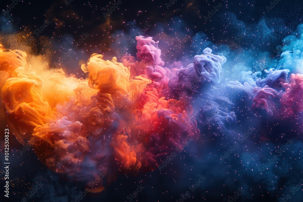 Multicolored Neon Smoke Bubbles Exploding with Holi Paint on Black Background - Psychedelic Abstract 3D Rendering Multicolored Neon Smoke Bubbles Exploding with Holi Paint on Black Background - Psychedelic Abstract 3D Rendering