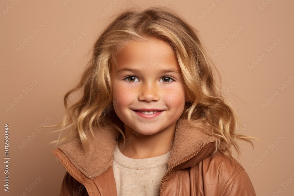 Portrait of a cute little girl in a brown jacket on a brown background Portrait of a cute little girl in a brown jacket on a brown background