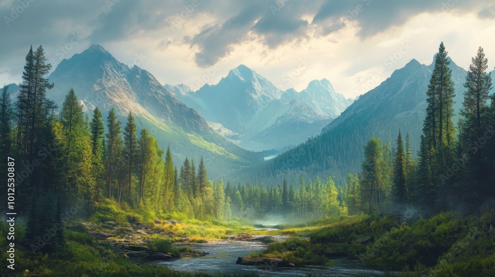 A Tranquil River Winding Through a Lush Forest Surrounded by Majestic Mountains A Tranquil River Winding Through a Lush Forest Surrounded by Majestic Mountains
