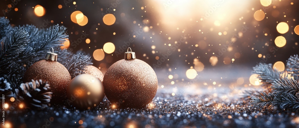 Festive decorations with golden ornaments and pine Festive decorations with golden ornaments and pine