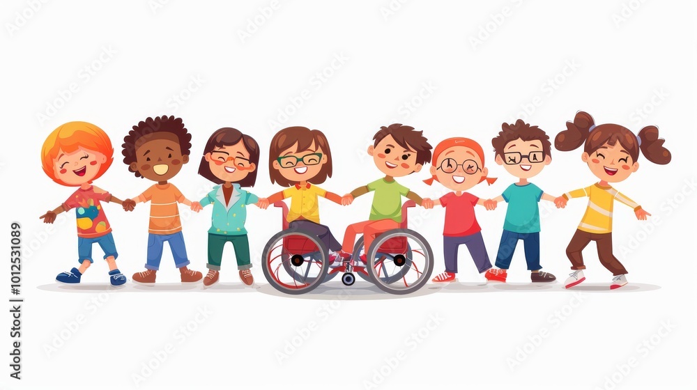 Fototapeta premium Cartoon illustration of a group of people with different disabilities holding hands in a circle on an isolated white background