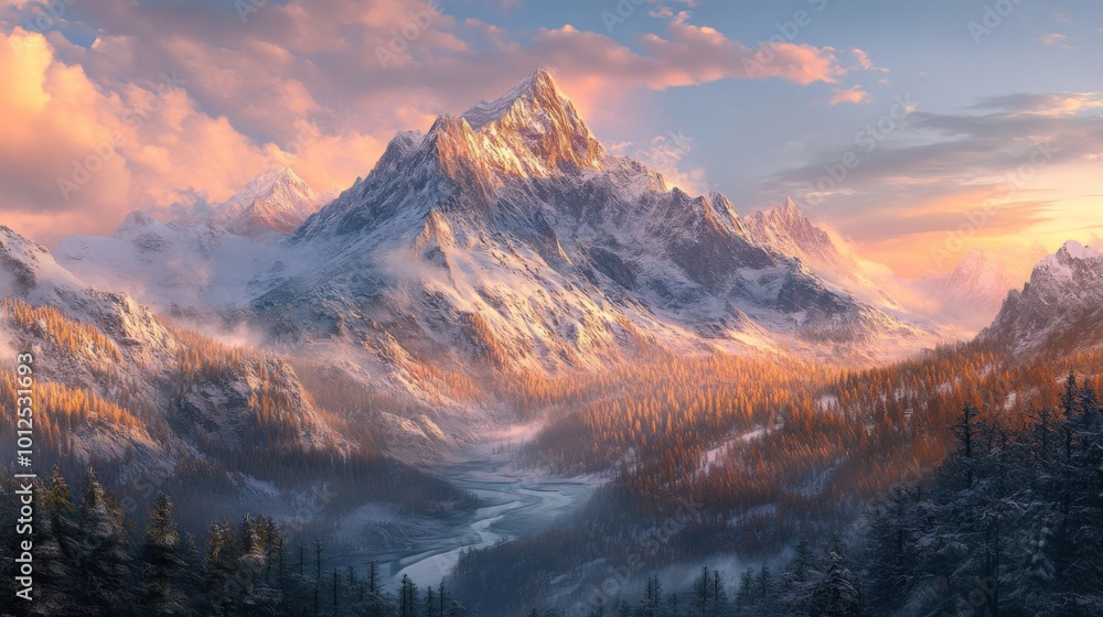 Snow-Capped Mountain Range with River and Forest at Sunset Snow-Capped Mountain Range with River and Forest at Sunset