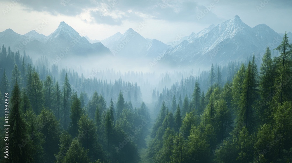 A Foggy Forest Valley Surrounded by Mountain Peaks A Foggy Forest Valley Surrounded by Mountain Peaks