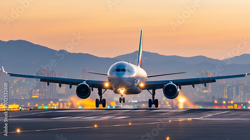 Large commercial airplane on runway preparing for takeoff or landing in clear weather with blue sky background