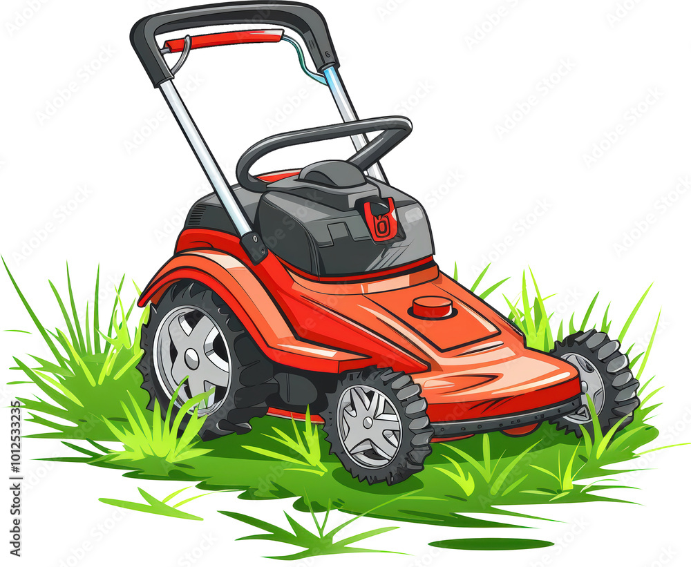 Red lawnmower in grass Red lawnmower in grass