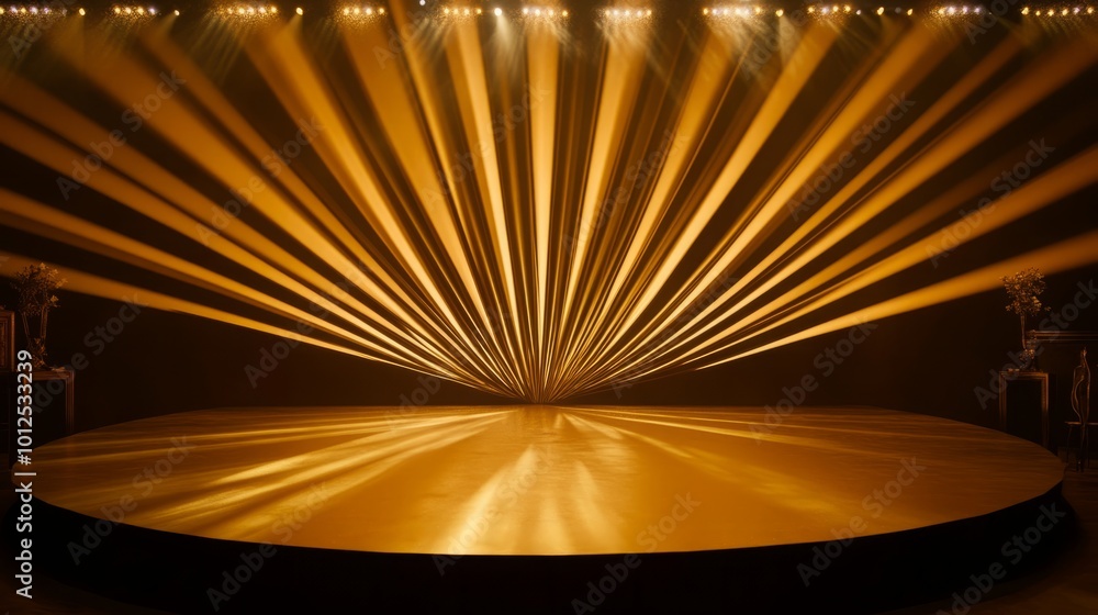 Obraz premium Golden Abstract Sunburst Stage Design Featuring an Illuminated Round Platform with Dramatic Lighting and a Luxury Golden Backdrop, Perfect for Prestigious Events and Elegant Presentations.