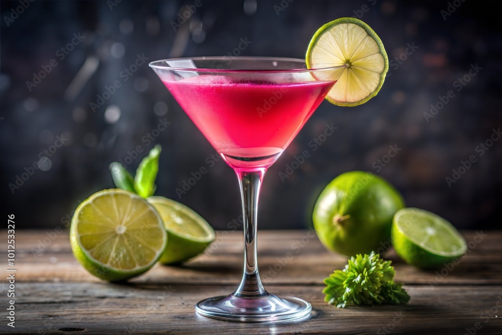 Pink cocktail with lime garnish on wooden table Pink cocktail with lime garnish on wooden table