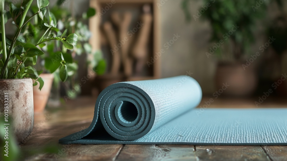 Rolled Blue Yoga Mat on Wooden Surface with Green Plants in the Background Rolled Blue Yoga Mat on Wooden Surface with Green Plants in the Background