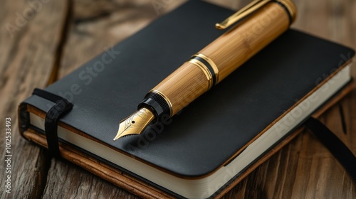 A Golden-Tipped Fountain Pen Resting on a Black Leather Bound Journal photo