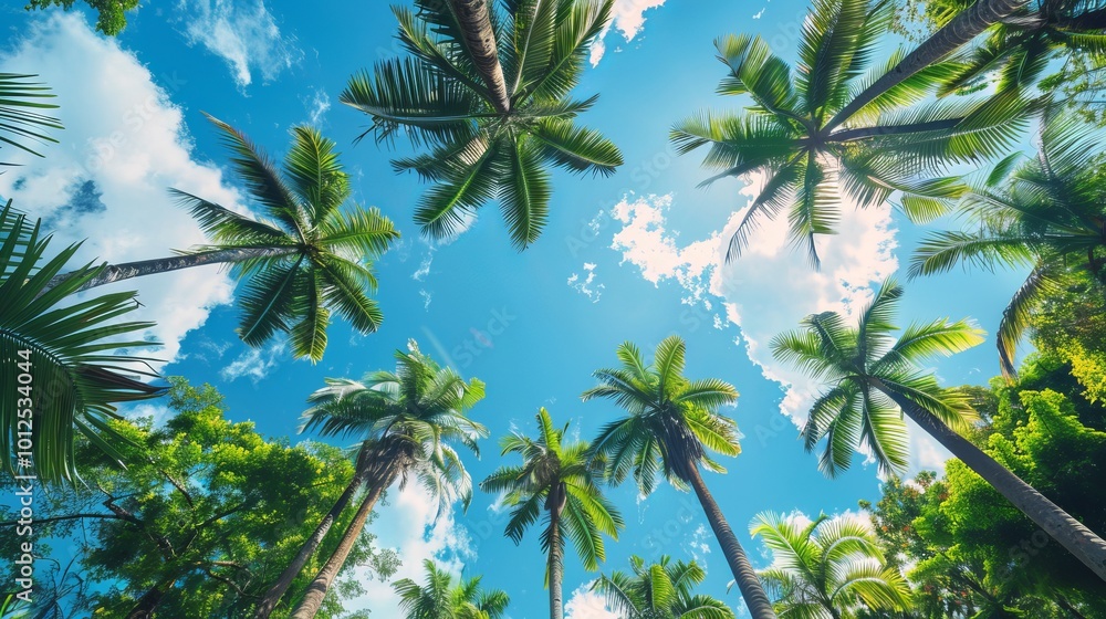 Obraz premium lots of palm trees against blue sky and white clouds