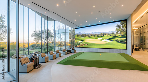 Modern indoor golf simulator room with a large screen displaying a golf course. Includes padded seating, golf equipment display, ambient lighting, and glass doors leading outside. photo