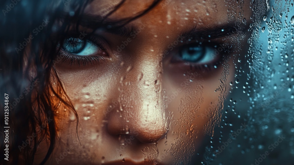 Close-up of a woman's eye through a wet window pane Close-up of a woman's eye through a wet window pane