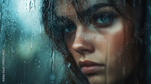 Woman's Eye Gazing Through a Wet Windowpane