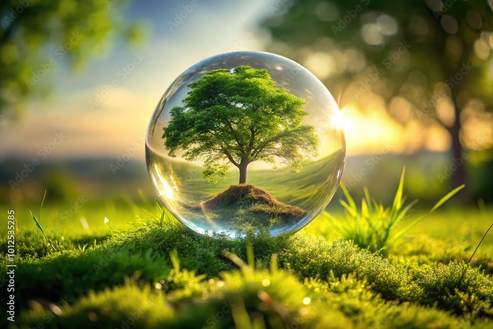 Enclosed Nature: A Small Tree in a Glass Sphere on Grass - Documenting Nature's Beauty Enclosed Nature: A Small Tree in a Glass Sphere on Grass - Documenting Nature's Beauty