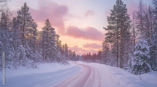 Wallpaper Mural Snowy Road at Sunset in a Forest Torontodigital.ca