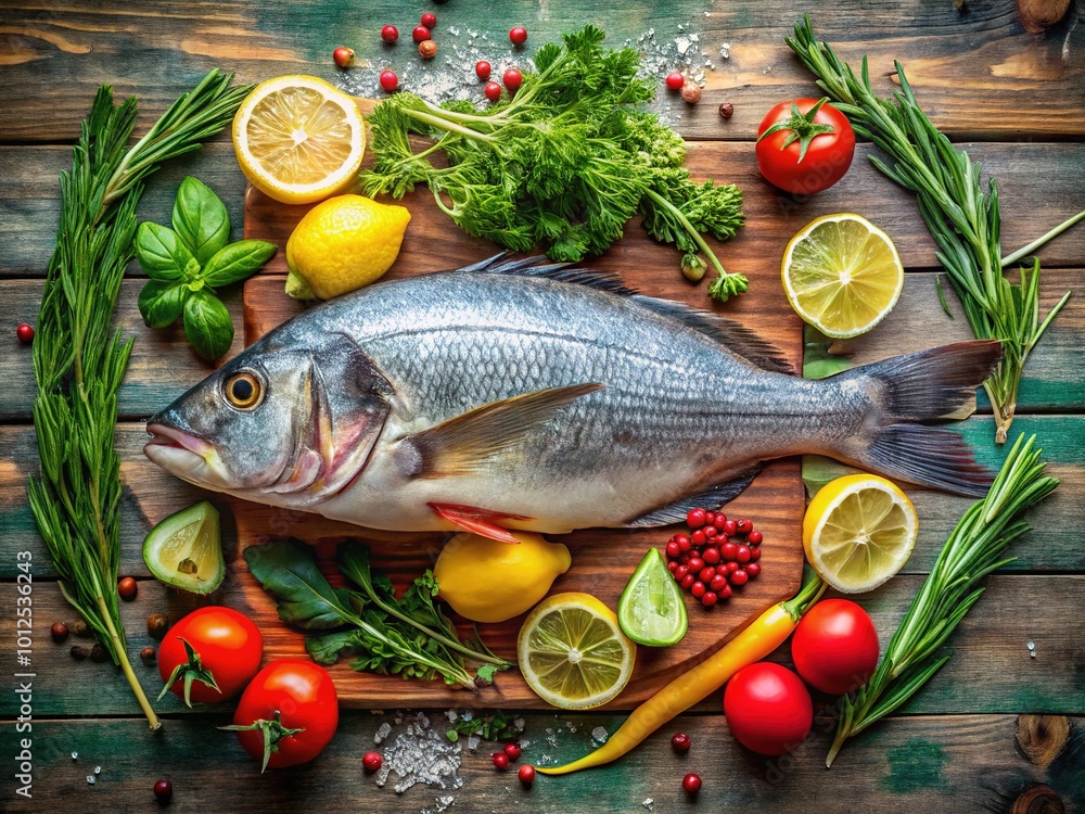 Giant Sea Perch Fish on a Rustic Wooden Table with Fresh Herbs and Citrus Garnish Giant Sea Perch Fish on a Rustic Wooden Table with Fresh Herbs and Citrus Garnish