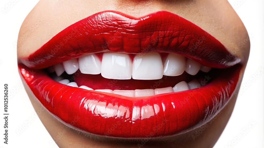 Obraz premium Glossy Red Lips with White Teeth Isolated on Transparent Background for Beauty and Cosmetic Projects