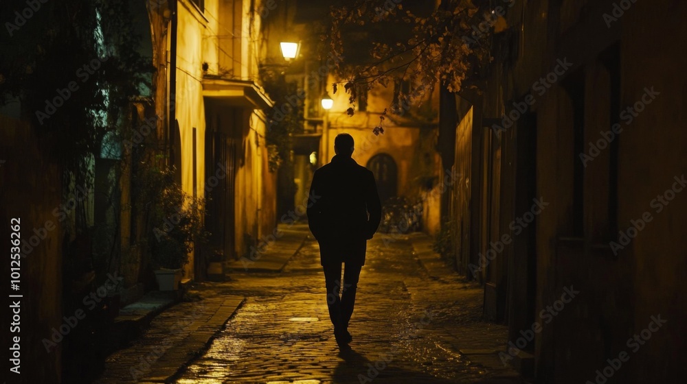 Solitary Figure Walking Through a Dark Alleyway at Night Solitary Figure Walking Through a Dark Alleyway at Night