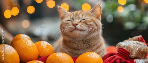 Cat chillin with oranges at festivities photo