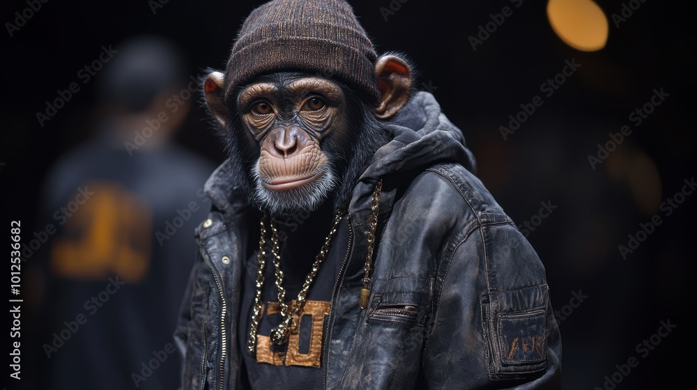 A trendy monkey walking upright down the runway in a stylish bomber jacket and skinny jeans, exuding youthful energy A trendy monkey walking upright down the runway in a stylish bomber jacket and skinny jeans, exuding youthful energy