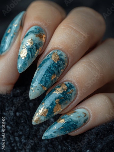 Elegant Blue and White Marble Nail Design photo