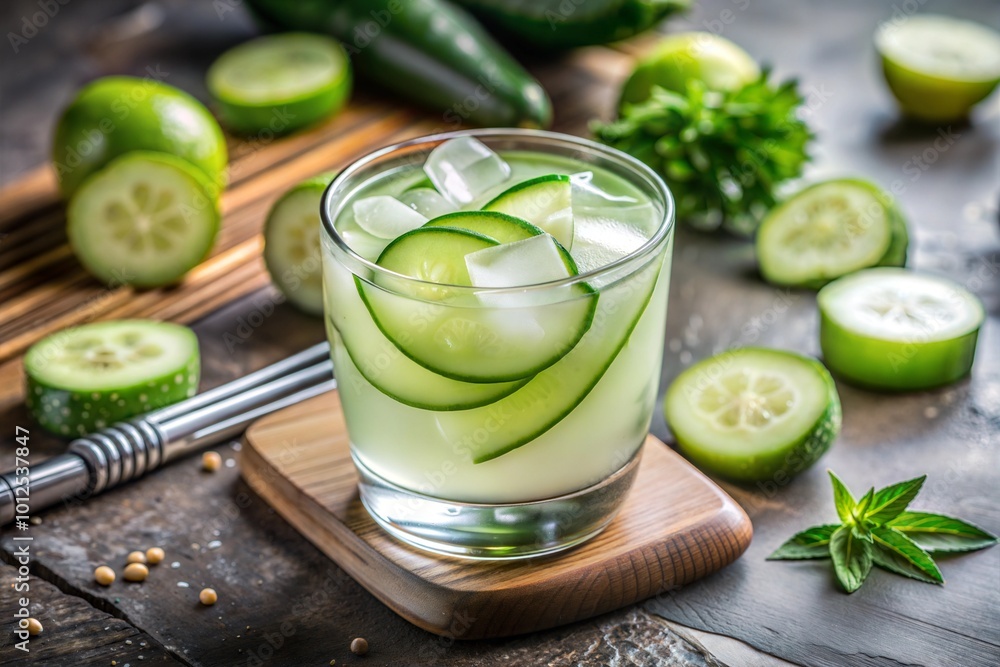 Cucumber lime drink with ice on wooden surface Cucumber lime drink with ice on wooden surface