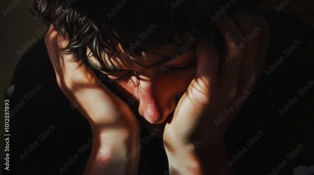 A Close-Up Portrait of a Man with his Head Bowed in Thought A Close-Up Portrait of a Man with his Head Bowed in Thought
