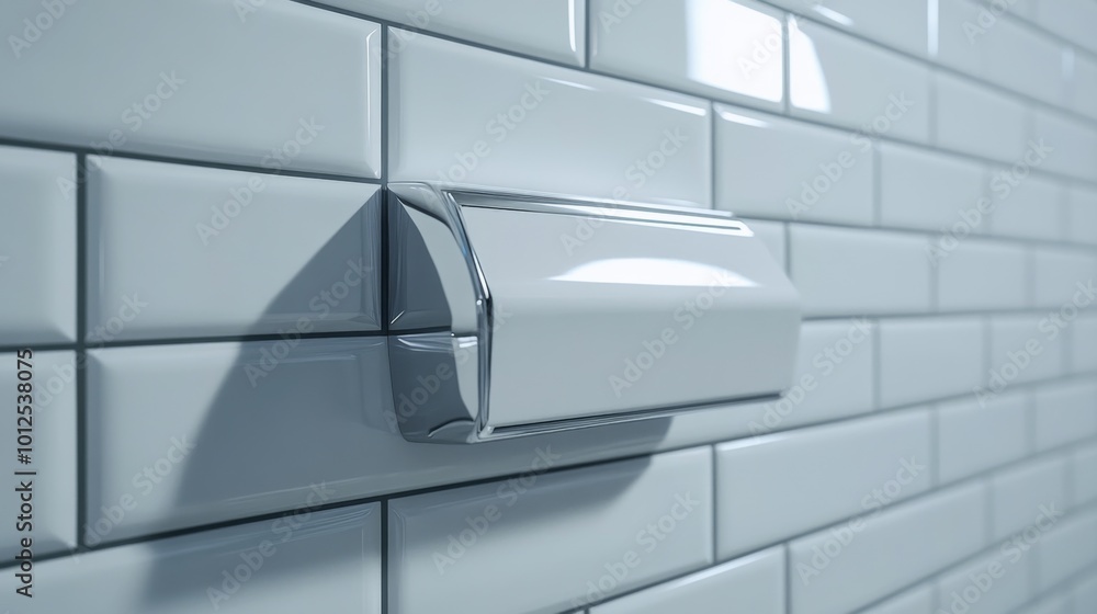 Chrome-Trimmed White Rectangular Panel on White Tile Wall Chrome-Trimmed White Rectangular Panel on White Tile Wall