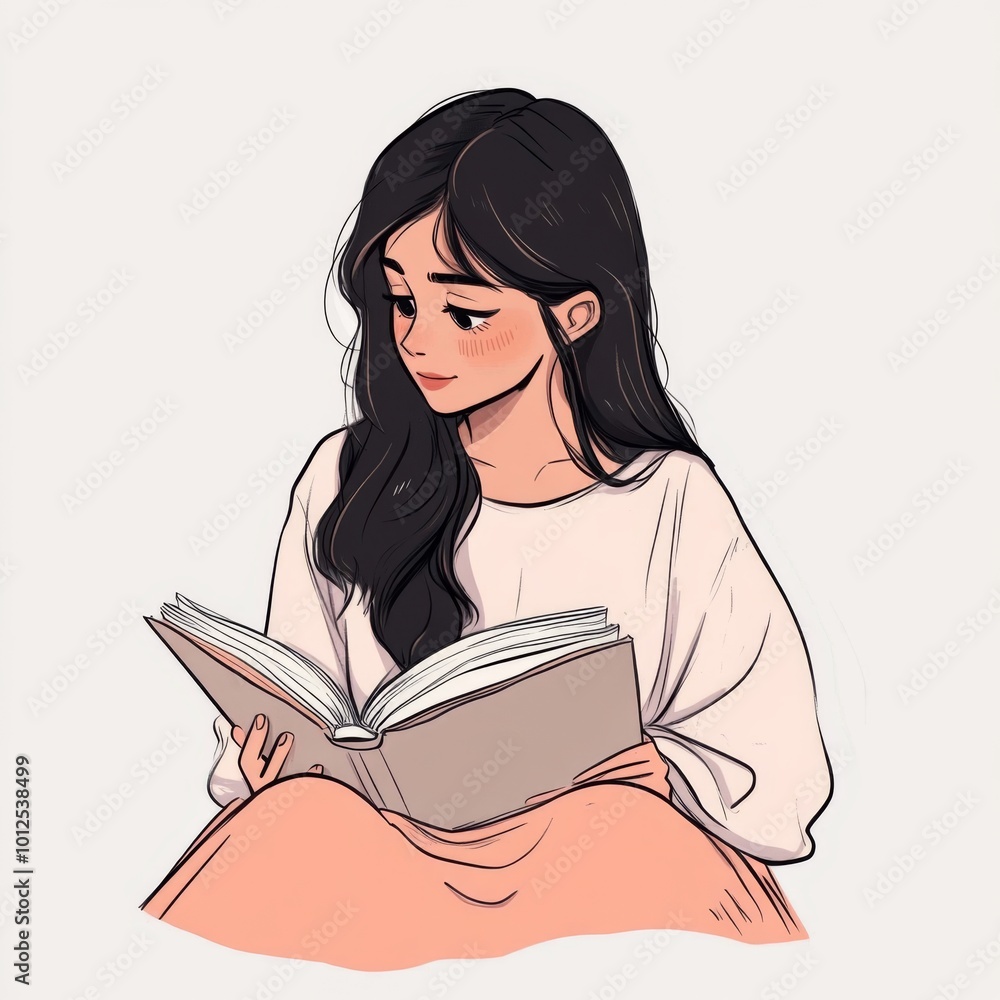 A young woman with long black hair is sitting and reading a book. She is wearing a white shirt and a pink skirt.