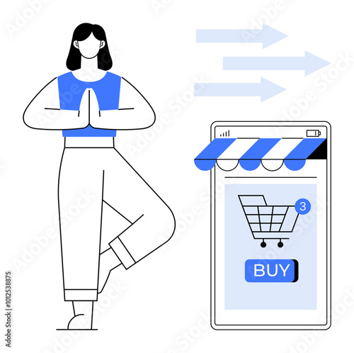Woman performing tree pose in yoga next to an online shopping cart on a mobile screen. Ideal for wellness, fitness, e-commerce, online shopping, balance lifestyle. Thin lines and minimalist style