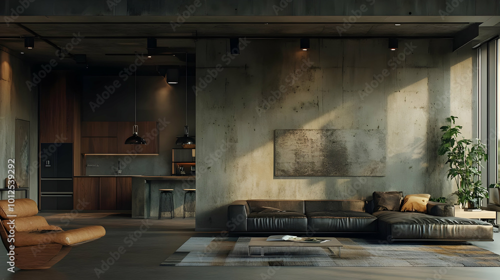 Modern Living Room Interior Design with Concrete Walls and Leather Sofa - 3D Illustration Modern Living Room Interior Design with Concrete Walls and Leather Sofa - 3D Illustration