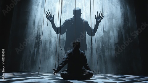 A dramatic scene of a humanoid figure being lifted by strings, with the checkered floor beneath and large shadowy hands in the background, adding to the sense of helplessness 