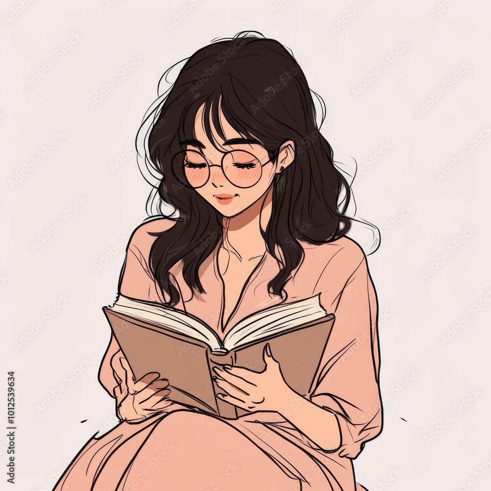 A young woman with long dark hair and glasses reads a book while sitting on a couch. A young woman with long dark hair and glasses reads a book while sitting on a couch.