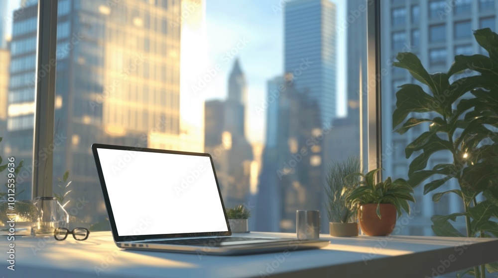 Mockup of modern laptop in office, buildings in background, AI-generative Mockup of modern laptop in office, buildings in background, AI-generative
