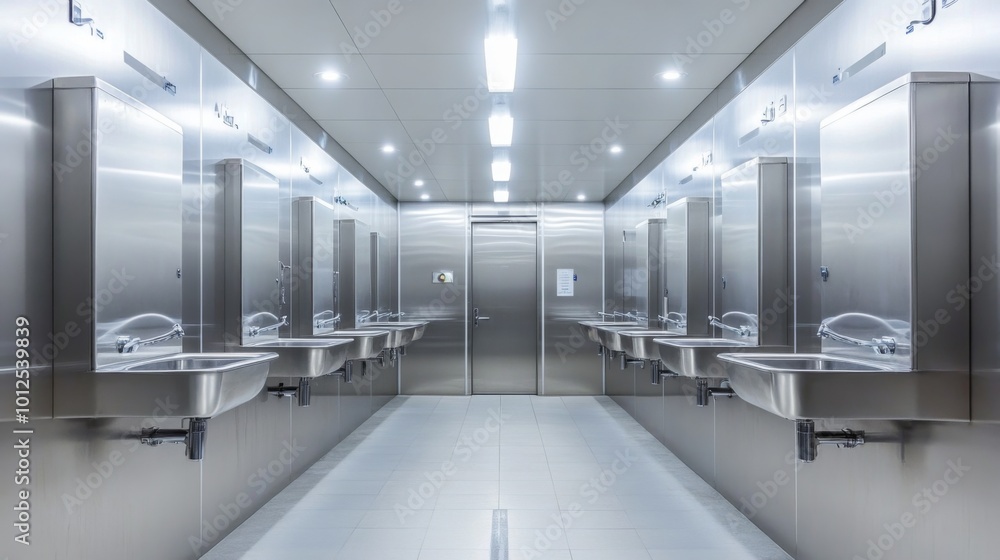 Stainless Steel Sinks and Mirrors in a Modern, Clean Corridor Stainless Steel Sinks and Mirrors in a Modern, Clean Corridor