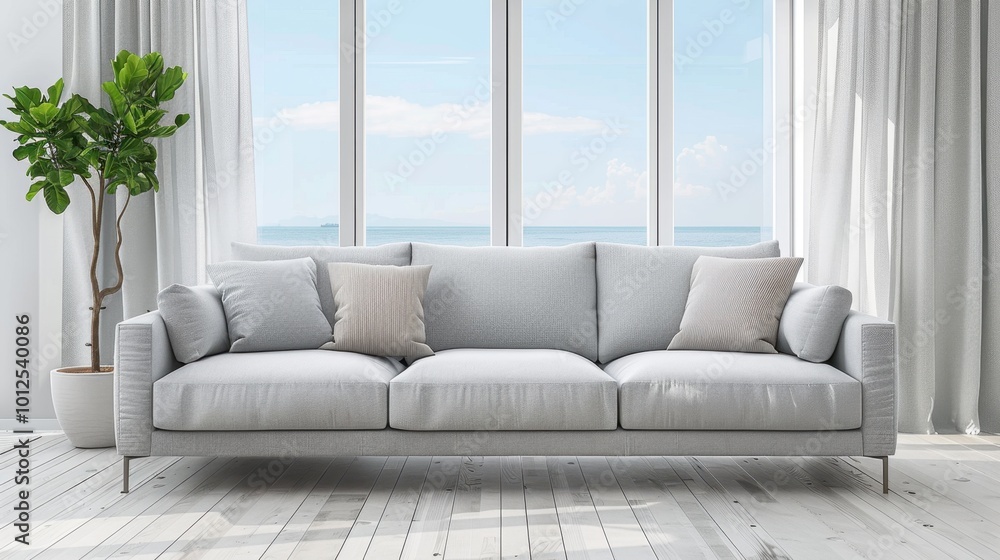 Modern Couch in Bright Living Room with Ocean View Modern Couch in Bright Living Room with Ocean View