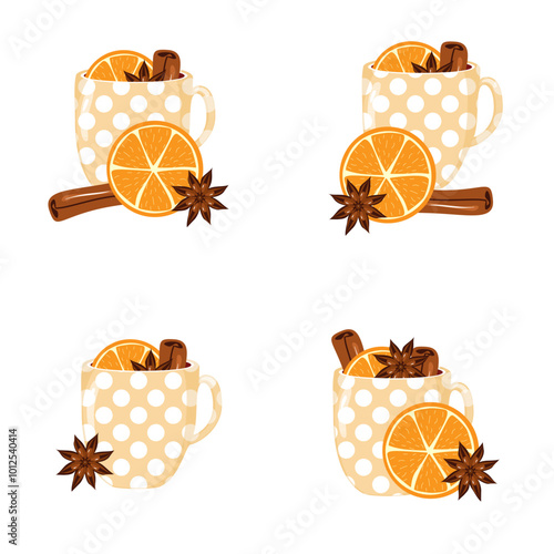 Illustration set with cups of mulled wine with orange, cinnamon, anise cozy autumn or winter vector illustration hot drink Christmas mood 