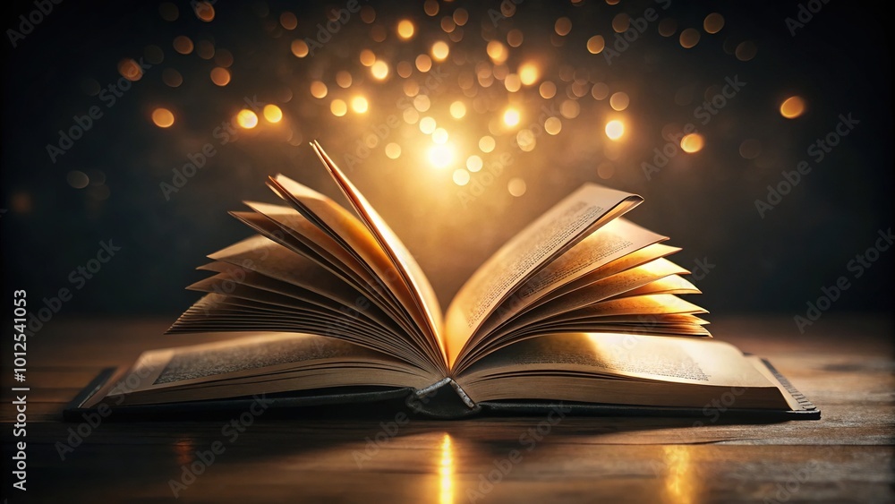 Open Book Night Photography - Softly Illuminated Pages in Dark Background for Reading Concept Open Book Night Photography - Softly Illuminated Pages in Dark Background for Reading Concept