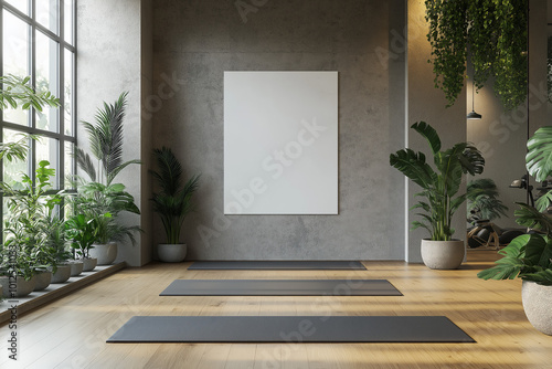 Modern concrete yoga gym interior with equipment, empty billboard on wall, daylight and wooden flooring. Healthy lifestyle concept. Mock up, 3D Rendering