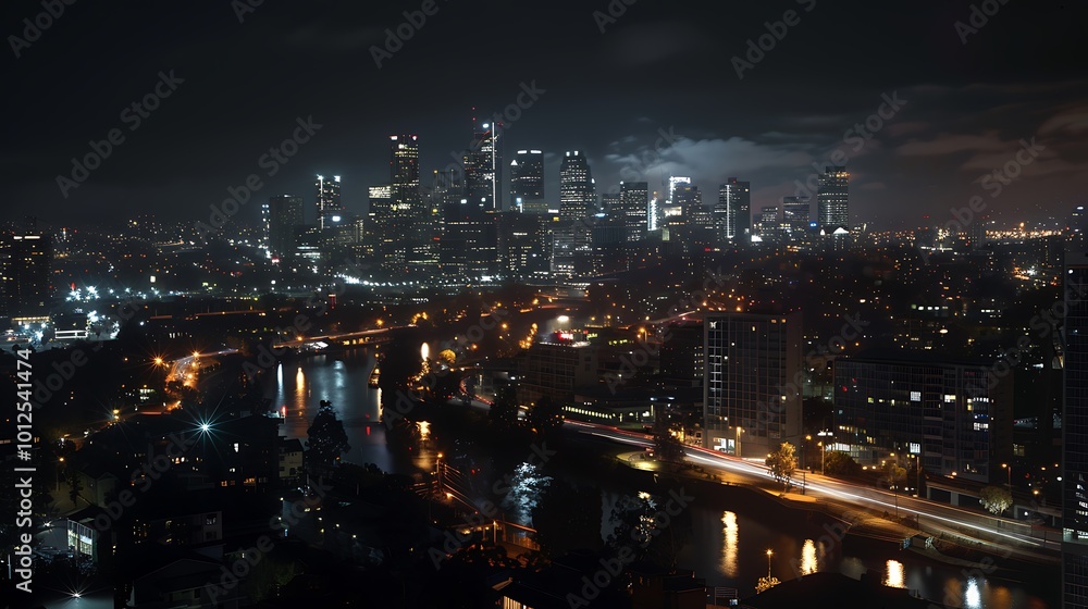 Nighttime Cityscape with River and Street Lights Nighttime Cityscape with River and Street Lights
