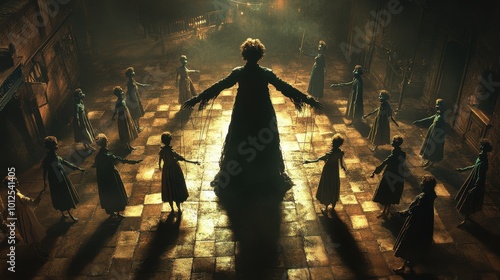 A shadowy figure controlling marionette puppets from above, with large, unseen hands pulling the strings, as the puppets stand on a dimly lit checkered floor