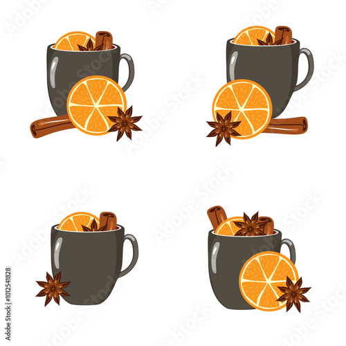 Illustration set with cups of mulled wine with orange, cinnamon, anise cozy autumn or winter vector illustration hot drink Christmas mood 