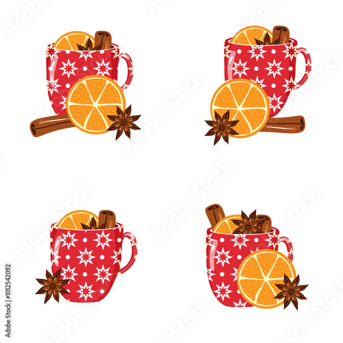 Illustration set with cups of mulled wine with orange, cinnamon, anise cozy autumn or winter vector illustration hot drink Christmas mood 