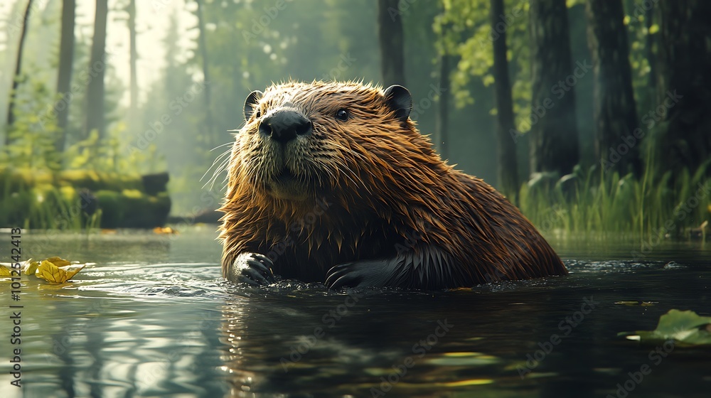 A beaver sits in a still, misty pond with green trees in the background. A beaver sits in a still, misty pond with green trees in the background.