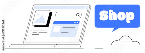 Open laptop with online shopping interface, search bar, product photo, and text. Ideal for e-commerce, digital marketing, web design, online shopping, and user experience. Simple, modern, clean