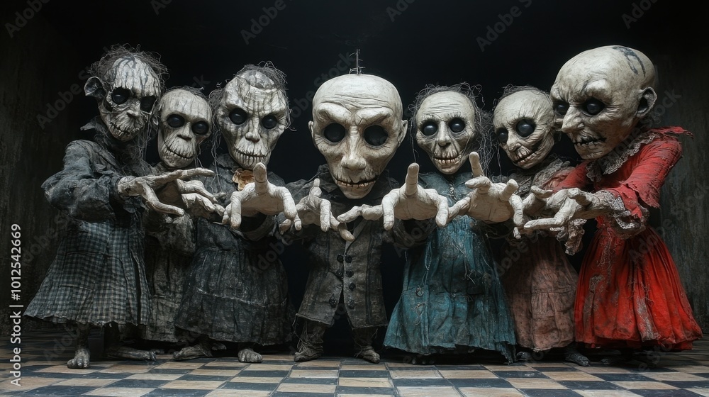 A wide view of a puppet show, where the marionettes are being controlled by large, invisible hands, the checkered floor beneath them symbolizing their confinement A wide view of a puppet show, where the marionettes are being controlled by large, invisible hands, the checkered floor beneath them symbolizing their confinement