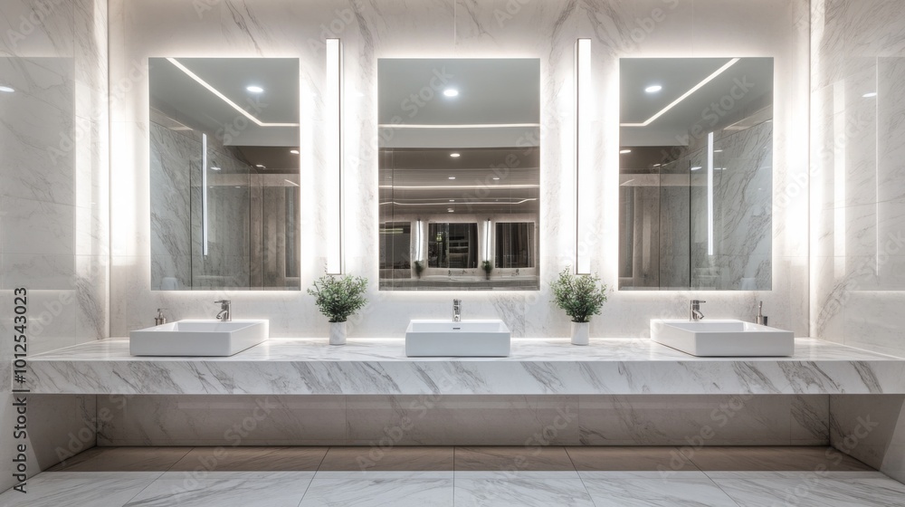 Fototapeta premium Modern Bathroom with Three Sinks and Marble Walls